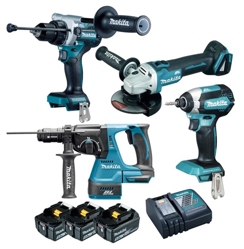 [DLX4159TJ] MAKITA DLX4159TJ Combopack LXT 18V: DHP486 + DGA506 + DHR243 + DTD153 + 3x BL1850B + 1x DC18RC + 2x MAKPAC
