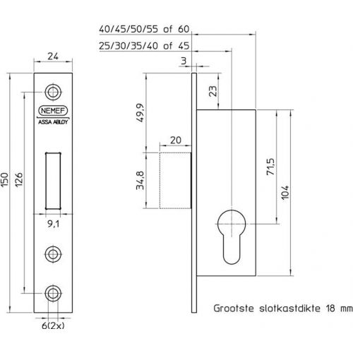 Nemef Cilinder insteek smaldeur kastslot, voorplaat RVS 24x150mm rechthoekig