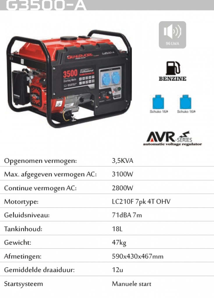 GENERMORE stroomgroep/generator 3.5 kva (3100w max) 2x230v