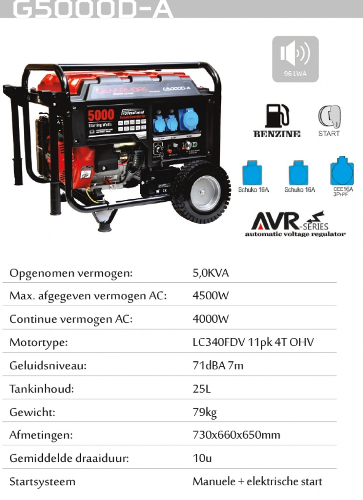 GENERMORE stroomgroep/generator 5.0 kva (4500W max) - benzine
