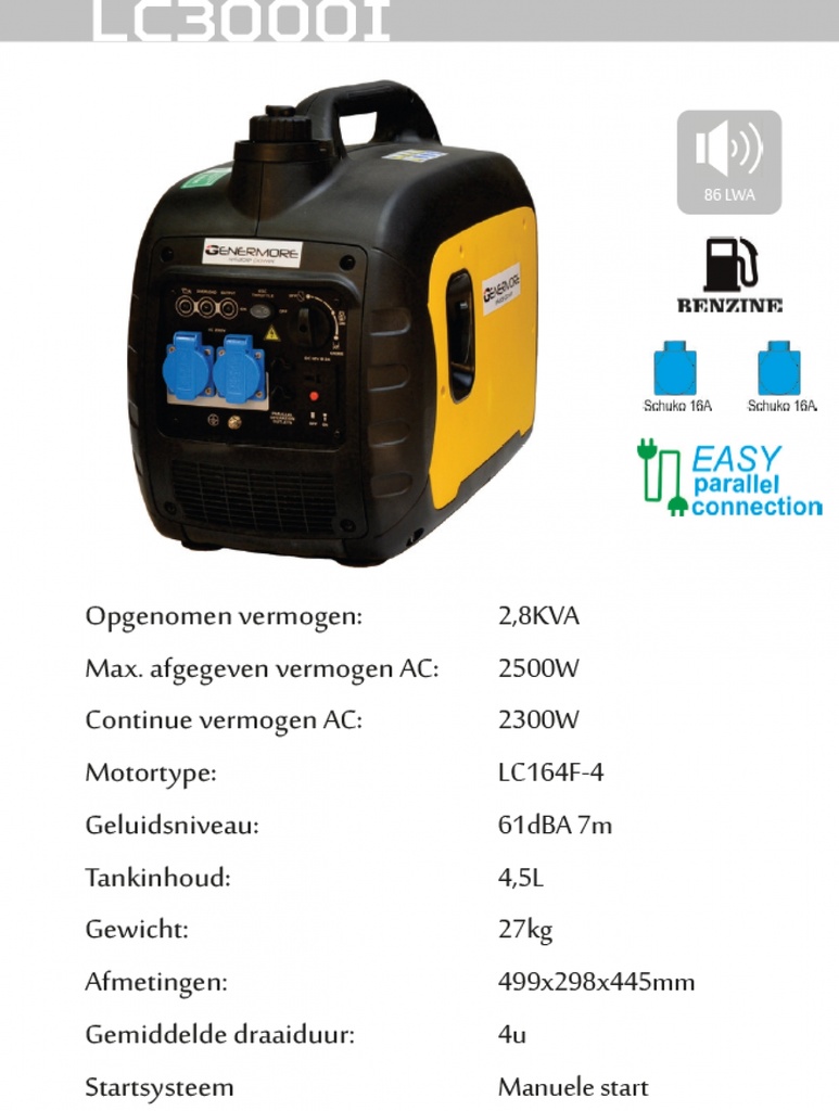 GENERMORE stroomgroep/generator benzine inverter 2.8kva (2500w max)