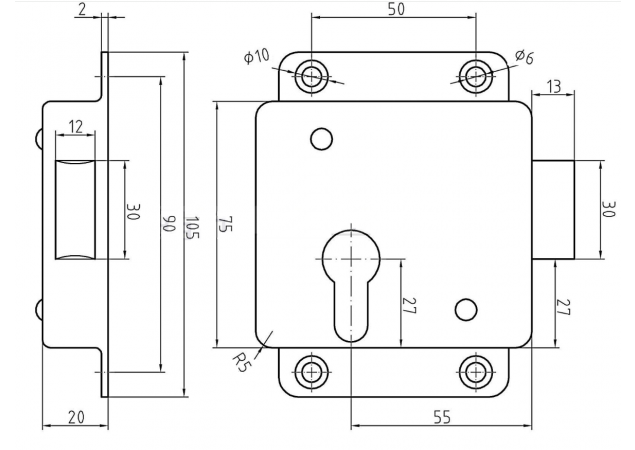 Oplegkastslot cilinder 75x150mm/55mm - rechts naar buiten draaiend - mat chroom