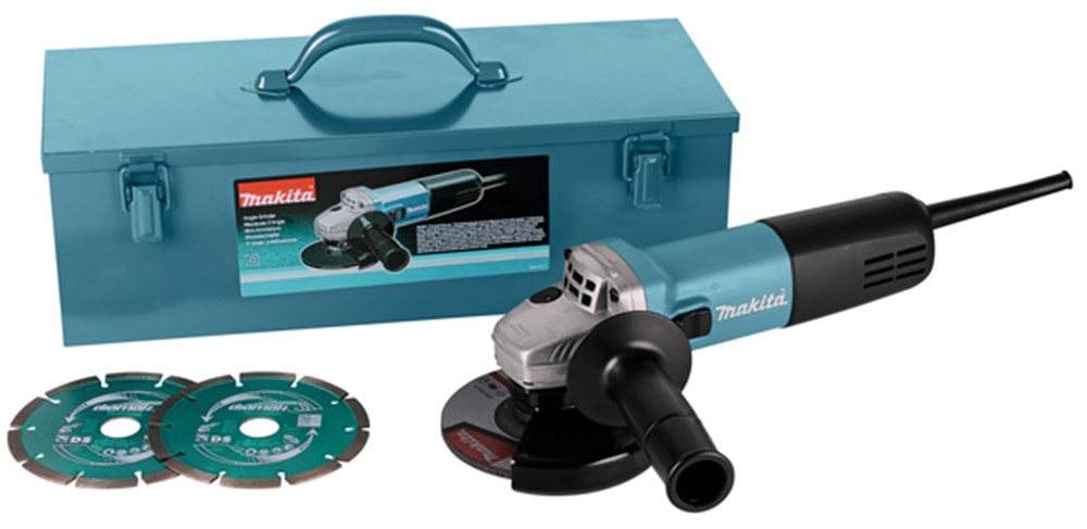 MAKITA 9558HNRGK3 Zijhandgreep, nokkensleutel, 1 x afbraamschijf, 2 x diamantschijf metalen koffer