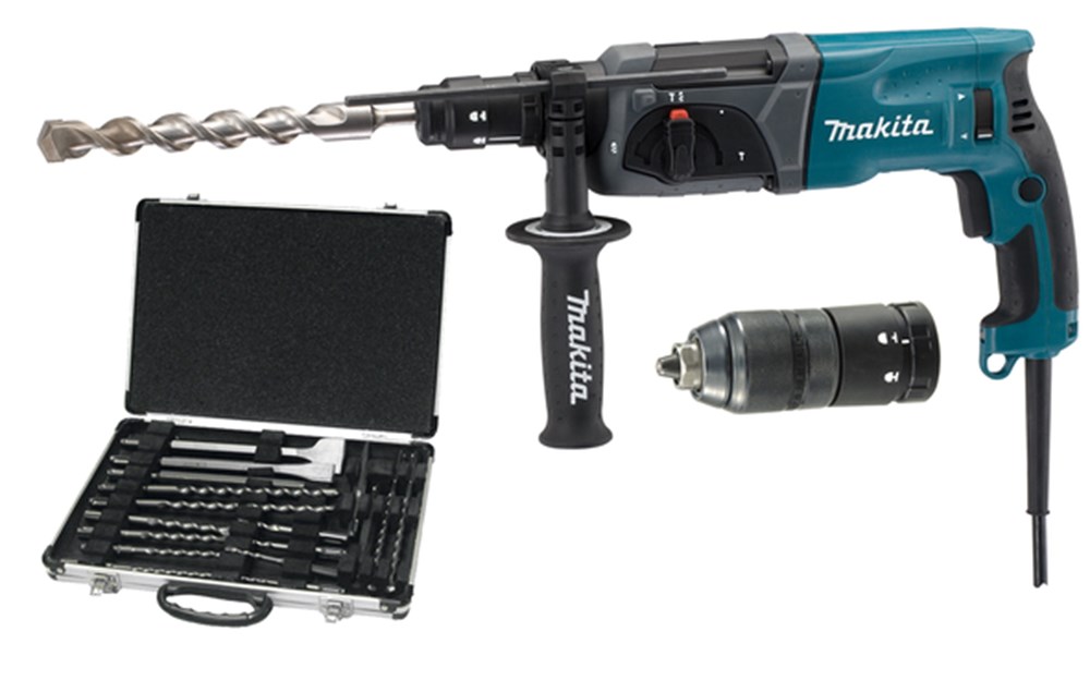 MAKITA HR2470FTP SDS+ combihamer 24mm 780W + automatische boorkop + boor-en beitelset D-42444 + koffer 