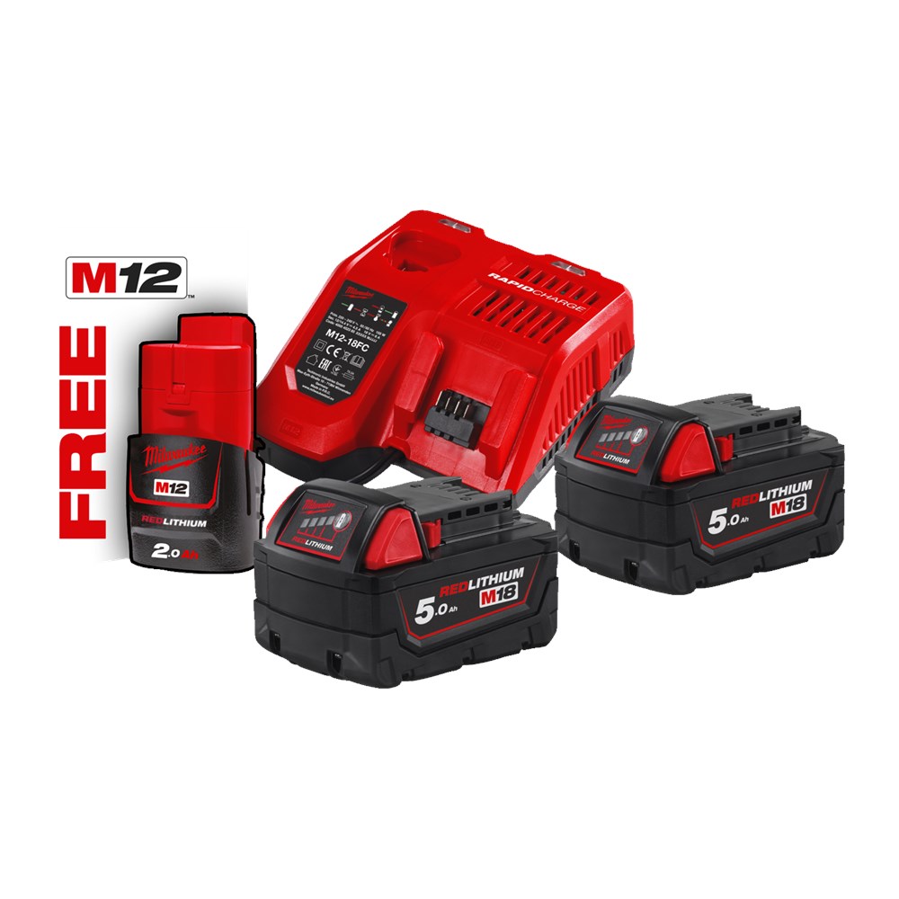 Milwaukee Accu Li-Ion M18 NRG-502 (2 x 18 V / 5,0 Ah Red Li-Ion + lader + gratis 1x 12V  2.0Ah)