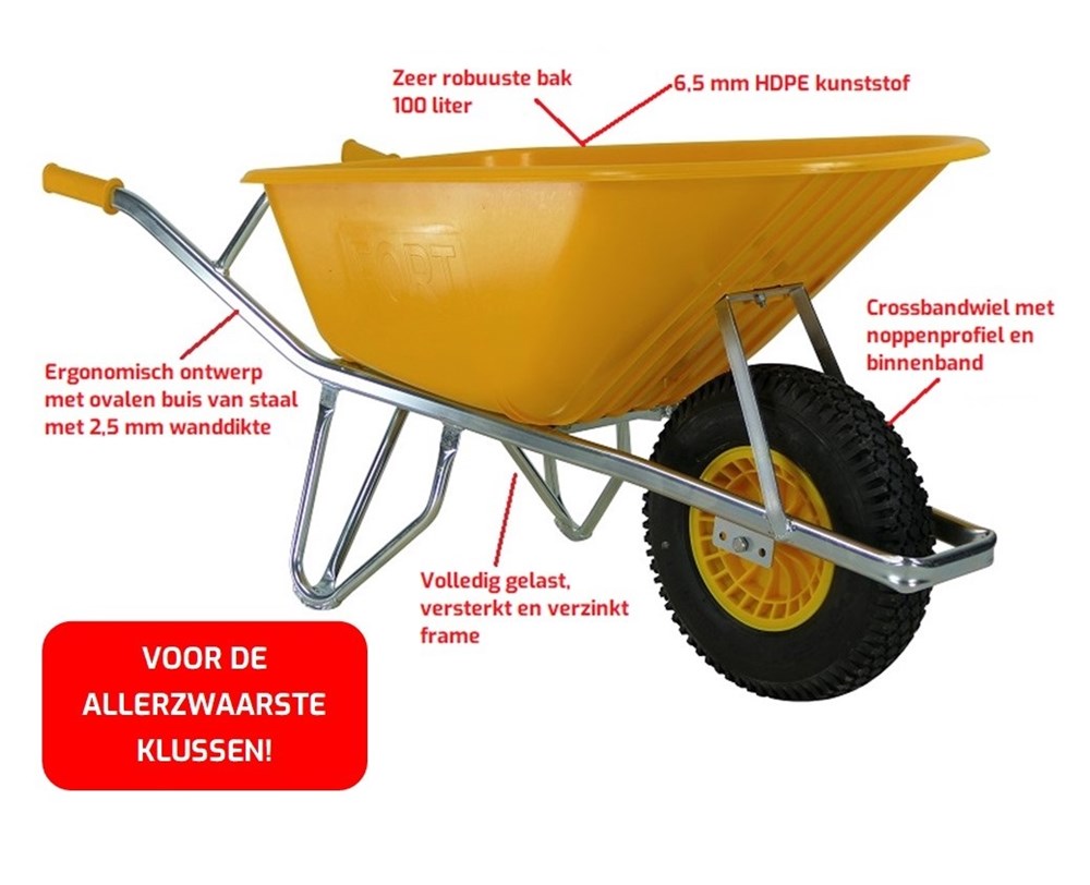 VABOR kruiwagen BOUW GO100-PD Crossband - bin nenband - PP velg - rollager (GEEL)