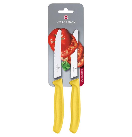 VICTORINOX 2x tafel- en tomatenmes, 11 cm, rond, getand, geel, (blister)