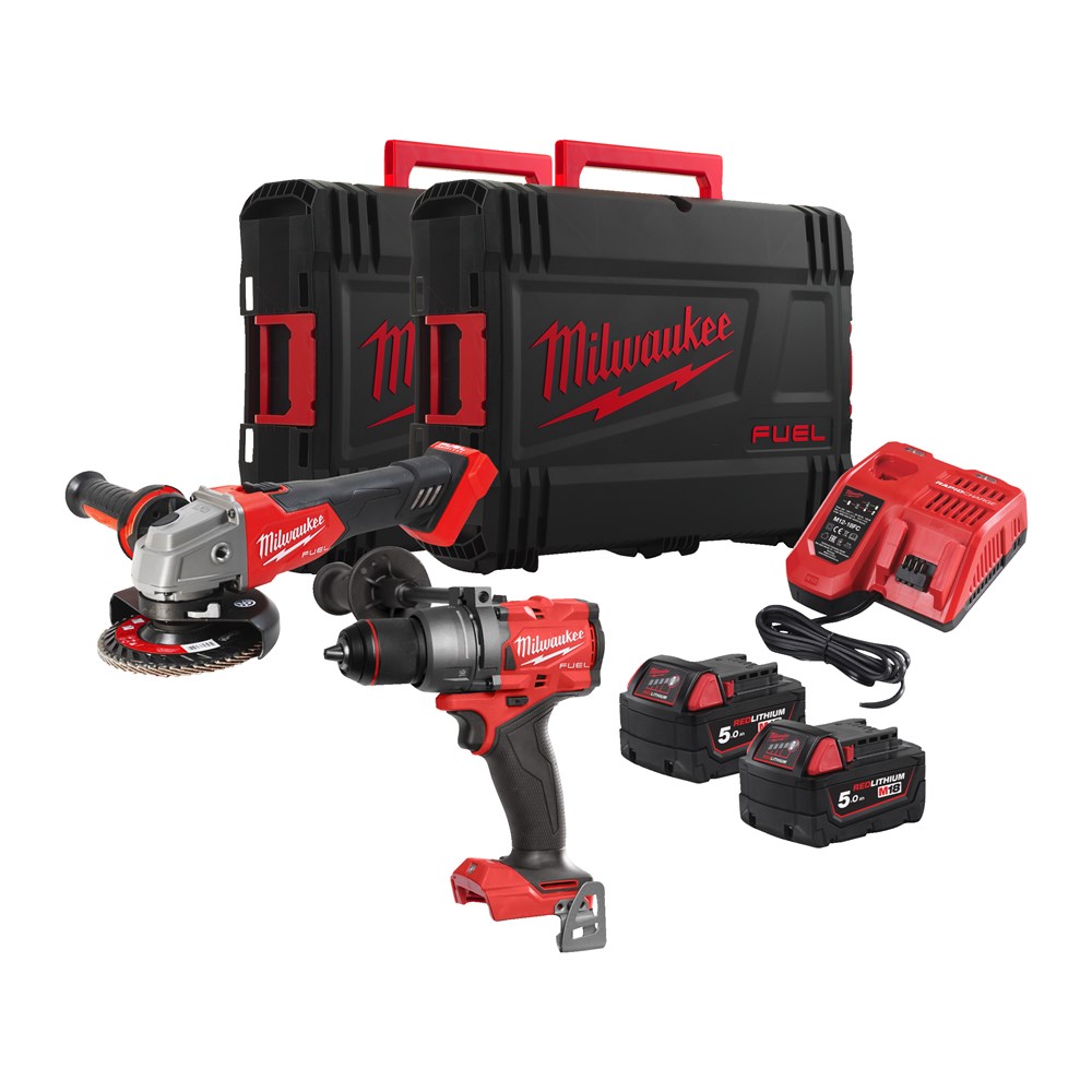 MILWAUKEE M18 FPP2E3-502X FUEL™ Power Pack (M18 FPD3, M18 FSAG125X, 2 x accu 18V 5,0Ah Li-Ion, 1 x oplader M12-18FC, 2 x HD Box)
