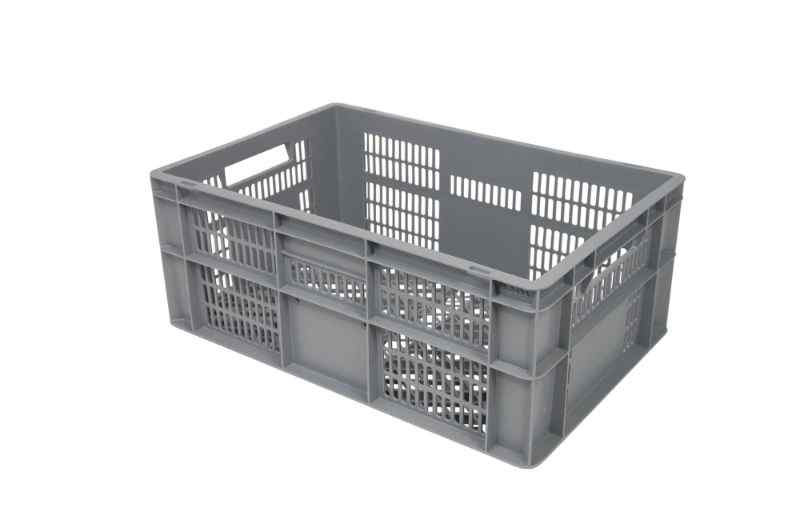 Stapelbare euronorm bak,600x400x270mm, geventileerde bodem en wanden, 2 open handgrepen