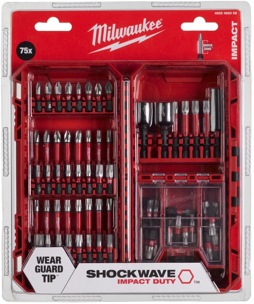 MILWAUKEE SHOCKWAVE Bit Set Packout Friendly Box (24x 25mm & 7x 50mm & 3x Doppen & 60mm Bithouder)