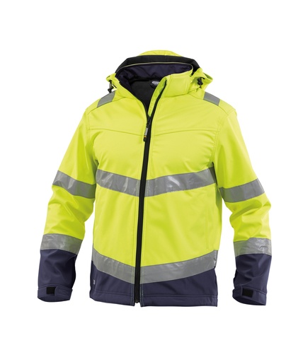 [3003294074B6981] DASSY Malaga Hoge zichtbaarheids-softshell jas fluogeel/marineblauw