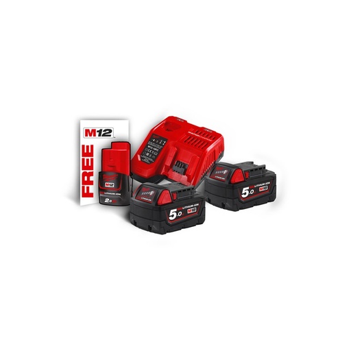 [MIL4933459217] Milwaukee Accu Li-Ion M18 NRG B502 (2 x 18 V / 5,0 Ah Red Li-Ion + lader + gratis 1x 12V  2.0Ah)